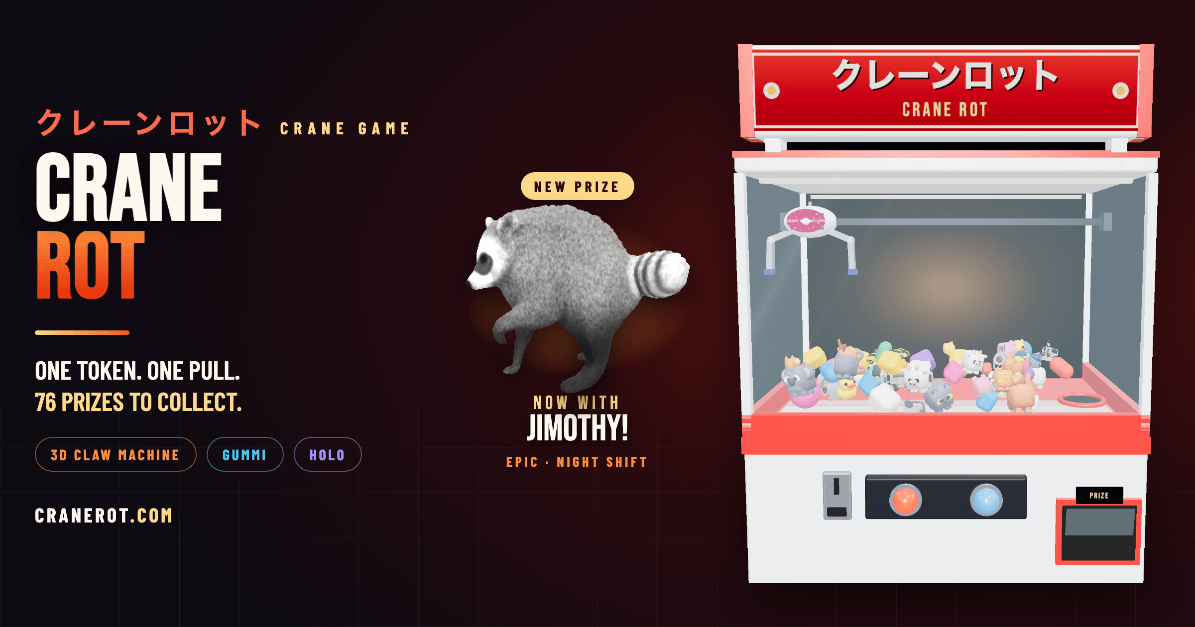 Crane Rot — a Japanese UFO-catcher cabinet packed with toy creatures